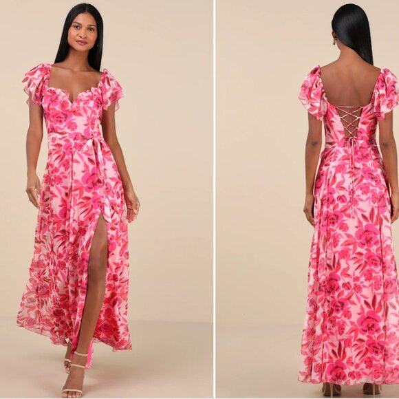 NEW Lulus Sensationally Sweeter Bright Pink Floral Ruffled Maxi Dress - Size M - Picture 2 of 3